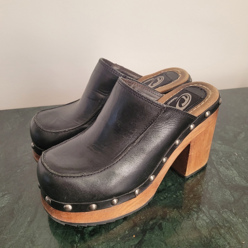 Vintage  Black And Wooden Mules with Comfortable Fit Sz 37